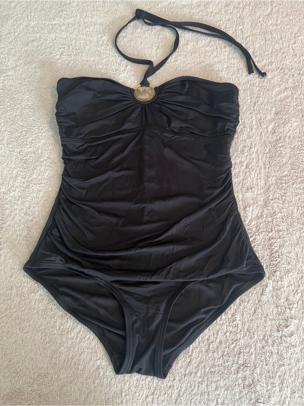 Michael Kors One Piece Swimsuit Black Gold Logo Halter Strap Size 10